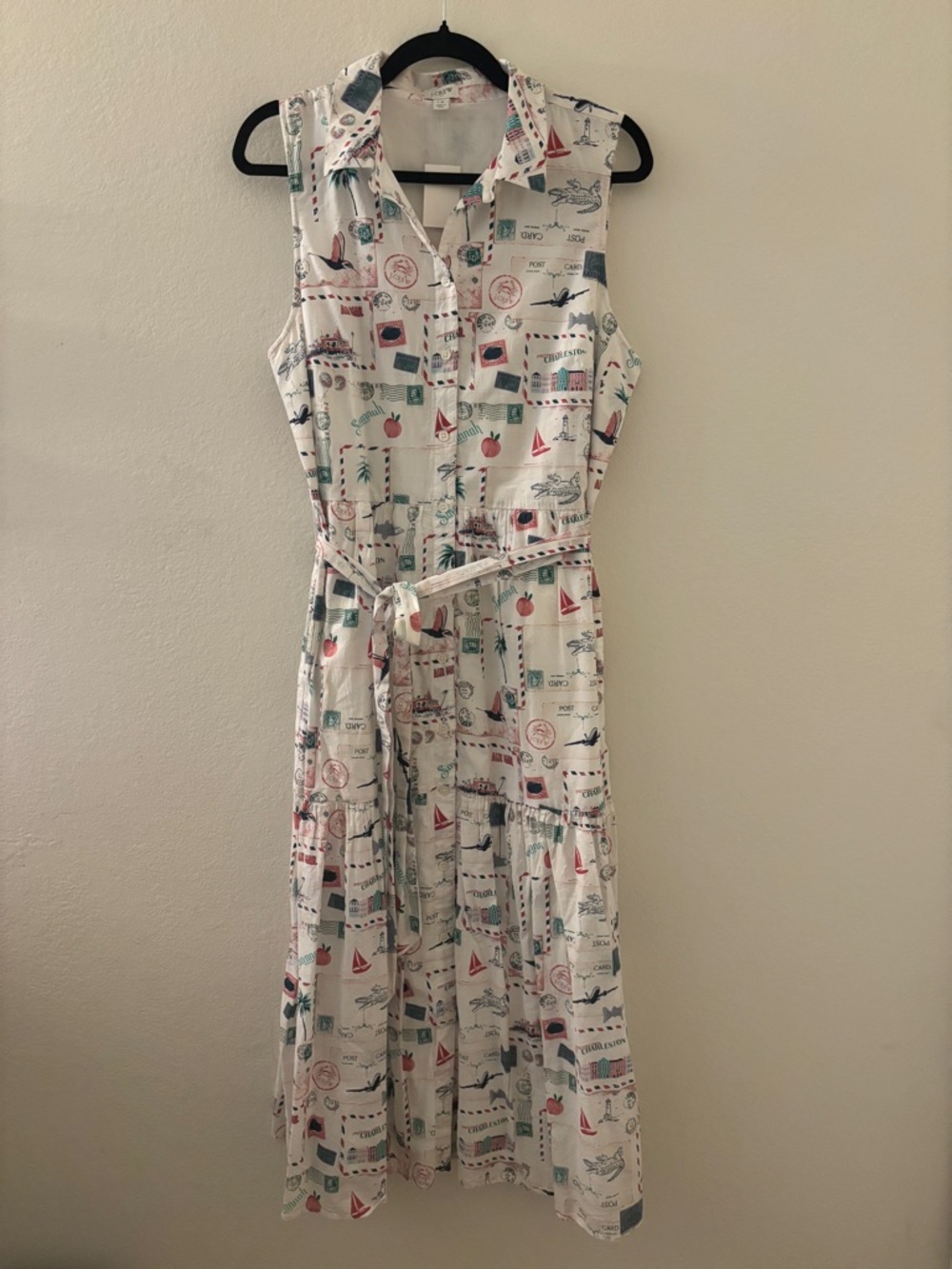 J. Crew White Sleeveless Button-Front Midi Dress with Travel Print